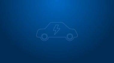 Beyaz çizgi elektrikli araba ve elektrik kablosu şarj ikonu mavi arka planda izole edildi. Yenilenebilir ekolojik teknolojiler. 4K Video hareketli grafik canlandırması