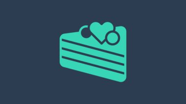 Mavi arka planda kalp ikonu olan turkuaz düğün pastası. Sevgililer günün kutlu olsun. 4K Video hareketli grafik canlandırması