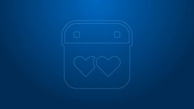 Mavi arkaplanda kalp simgesi olan beyaz çizgili takvim. Sevgililer Günü. Aşk sembolü. 14 Şubat. 4K Video hareketli grafik canlandırması