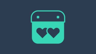 Mavi arkaplanda kalp simgesi olan turkuaz takvim. Sevgililer Günü. Aşk sembolü. 14 Şubat. 4K Video hareketli grafik canlandırması