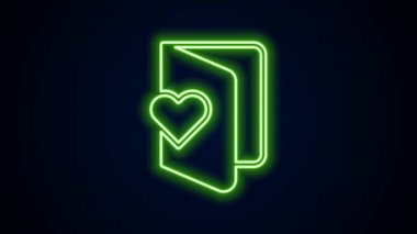 Parlak neon hattı Sevgililer Günü broşürü. Siyah arka planda kalp ikonu var. Kutlama için davetiye ya da tebrik kartı şablonu. 4K Video hareketli grafik canlandırması