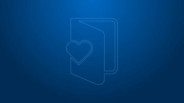 Mavi arka planda kalp ikonu olan beyaz çizgi Sevgililer Günü broşürü. Kutlama için davetiye ya da tebrik kartı şablonu. 4K Video hareketli grafik canlandırması