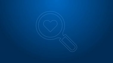 Beyaz çizgi. Mavi arkaplanda kalp ve aşk simgesi ara. İçinde kalp olan büyüteç. Sevgililer günün kutlu olsun. 4K Video hareketli grafik canlandırması