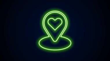 Siyah arkaplanda kalp simgesi izole edilmiş parlak neon çizgisi haritası. Sevgililer Günü. Aşk yeri. Romantik harita iğnesi. 4K Video hareketli grafik canlandırması