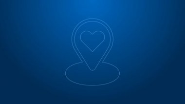 Mavi arkaplanda kalp simgesi olan beyaz çizgi haritası işaretçisi. Sevgililer Günü. Aşk yeri. Romantik harita iğnesi. 4K Video hareketli grafik canlandırması
