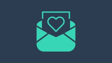 Mavi arka planda Sevgililer Günü kalp ikonu olan turkuaz zarf. Mesaj aşkım. Aşk ve romantizm mektubu. 4K Video hareketli grafik canlandırması