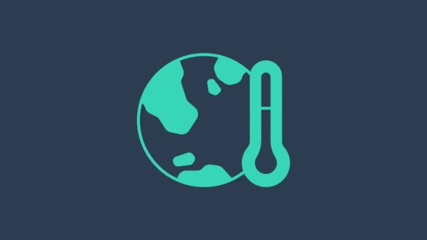 Tyrkysová planeta Země tání na ikonu globálního oteplování izolované na modrém pozadí. Ekologické problémy a řešení - teploměr. Grafická animace pohybu videa 4K — Stock video