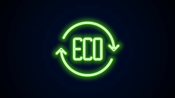 Icono de símbolo de Hoja Eco de línea de neón brillante aislado sobre fondo negro. Banner, etiqueta, etiqueta, logotipo, etiqueta para eco verde. Animación gráfica de vídeo 4K — Vídeo de stock