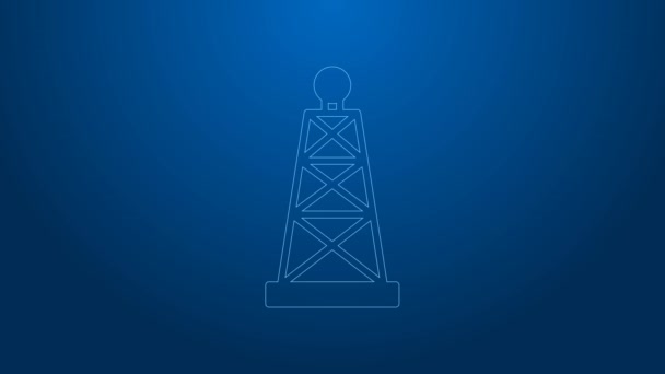 Línea blanca Icono de plataforma petrolífera aislado sobre fondo azul. Torre de gas. Objeto industrial. Animación gráfica de vídeo 4K — Vídeos de Stock