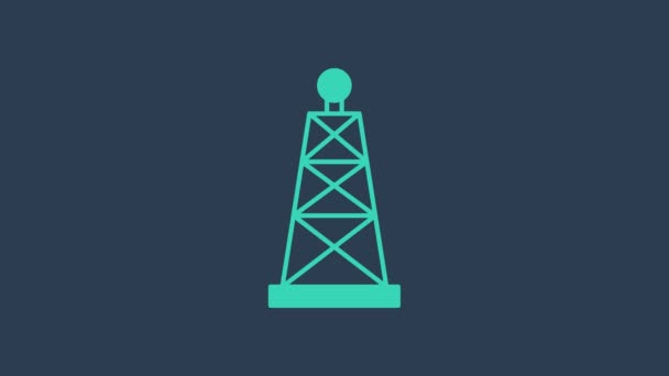 Turquoise Oil rig icon isolated on blue background. Gas tower. Industrial object. 4K Video motion graphic animation — Video Stock