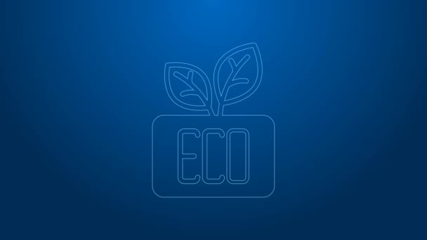 White line Leaf Eco symbol icon isolated on blue background. Banner, label, tag, logo, sticker for eco green. 4K Video motion graphic animation — Vídeo de stock