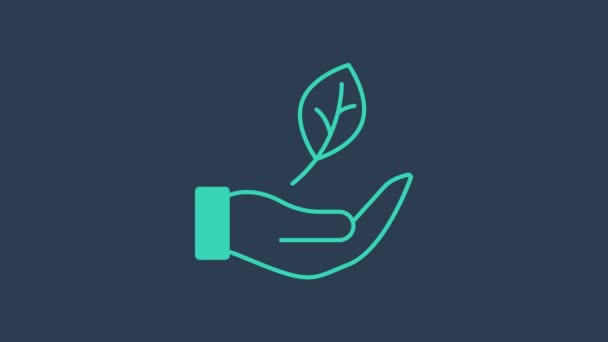 Turquoise Hand hold a leaf of the plant icon isolated on blue background. Care nature. Leaf shoots with environmental protection. 4K Video motion graphic animation — Wideo stockowe