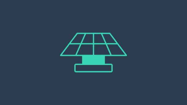 Icono del panel de energía solar turquesa aislado sobre fondo azul. Animación gráfica de vídeo 4K — Vídeo de stock