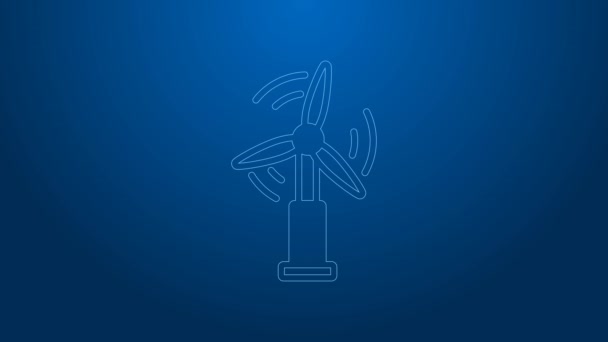 Weiße Linie Windenergieanlage Symbol isoliert auf blauem Hintergrund. Windgenerator-Schild. Windmühle zur Stromerzeugung. 4K Video Motion Grafik Animation — Stockvideo