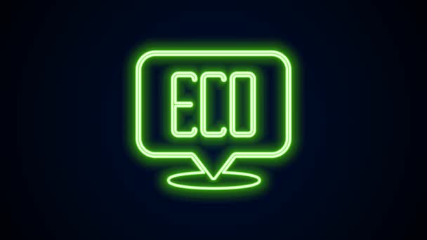 Icono de símbolo de Hoja Eco de línea de neón brillante aislado sobre fondo negro. Banner, etiqueta, etiqueta, logotipo, etiqueta para eco verde. Animación gráfica de vídeo 4K — Vídeo de stock