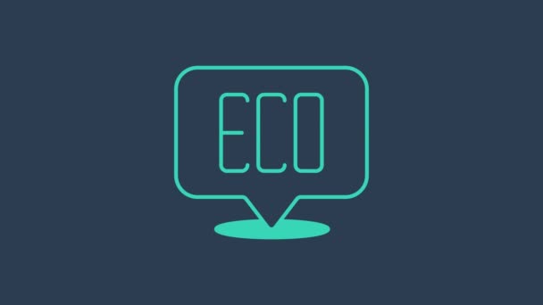 Hoja de Turquesa Eco símbolo icono aislado sobre fondo azul. Banner, etiqueta, etiqueta, logotipo, etiqueta para eco verde. Animación gráfica de vídeo 4K — Vídeo de stock