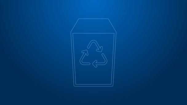 Línea blanca Papelera de reciclaje con icono de símbolo de reciclaje aislado sobre fondo azul. Icono de bote de basura. Cartel de basura. Reciclar signo de cesta. Animación gráfica de vídeo 4K — Vídeos de Stock