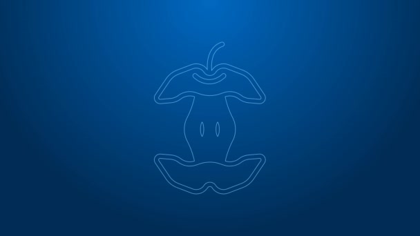 White line Apple core icon isolated on blue background. Bitten apple symbol. Apple stub silhouette. Biodegradable garbage sign. 4K Video motion graphic animation — Vídeo de Stock