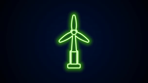 Glödande neon line Vindturbin ikon isolerad på svart bakgrund. Vindgeneratorskylt. Väderkvarn för elproduktion. 4K Video motion grafisk animation — Stockvideo