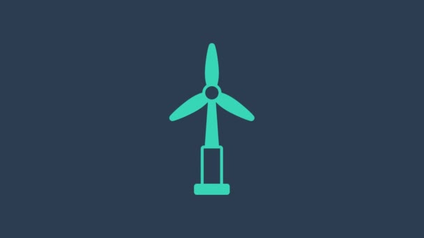 Icono de turbina de viento turquesa aislado sobre fondo azul. Cartel del generador eólico. Molino de viento para producción de energía eléctrica. Animación gráfica de vídeo 4K — Vídeos de Stock