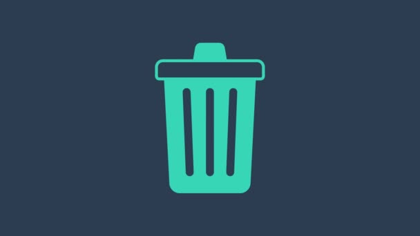 Turquoise Trash can icon isolated on blue background. Garbage bin sign. Recycle basket icon. Office trash icon. 4K Video motion graphic animation — Stock Video