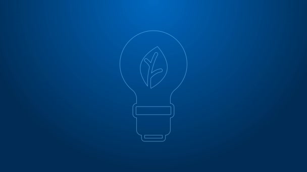 White line Light bulb with leaf icon isolated on blue background. Eco energy concept. Alternative energy concept. 4K Video motion graphic animation — Stock Video