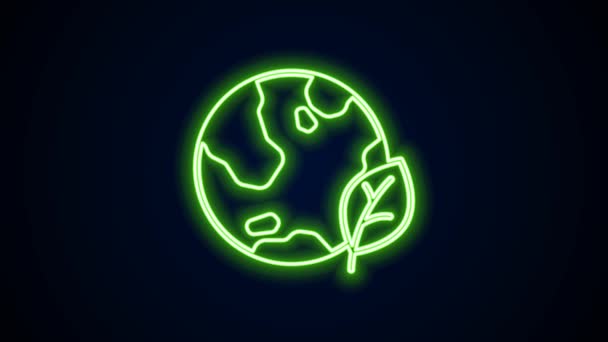 Glödande neon line jorden globen och blad ikon isolerad på svart bakgrund. Världs- eller jordtecken. Geometriska former. Miljökoncept. 4K Video motion grafisk animation — Stockvideo