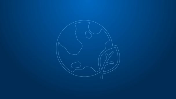 Biała linia Ziemia globus i ikona liści izolowane na niebieskim tle. Znak świata lub Ziemi. Geometryczne kształty. Koncepcja środowiskowa. 4K Animacja graficzna ruchu wideo — Wideo stockowe