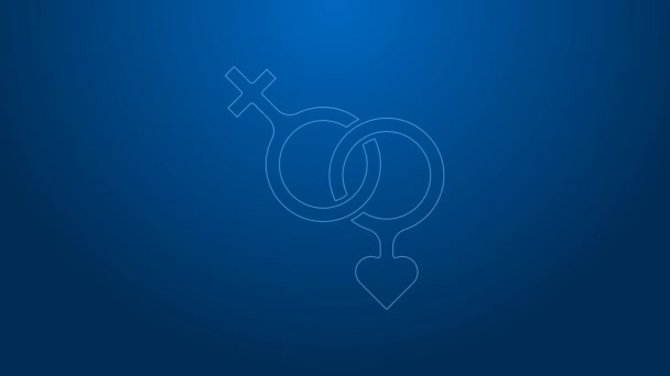 White line Gender icon isolated on blue background. Symbols of men and women. Sex symbol. Happy Valentines day. 4K Video motion graphic animation — стоковое видео