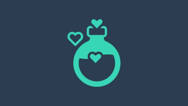 Turquoise Bottle with love potion icon isolated on blue background. Happy Valentines day. 4K Video motion graphic animation — Wideo stockowe