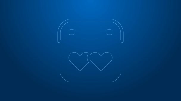 Calendario de línea blanca con icono del corazón aislado sobre fondo azul. Día de San Valentín. Símbolo de amor. 14 de febrero. Animación gráfica de vídeo 4K — Vídeos de Stock