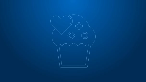 White line Wedding cake with heart icon isolated on blue background. Happy Valentines day. 4K Video motion graphic animation — стоковое видео