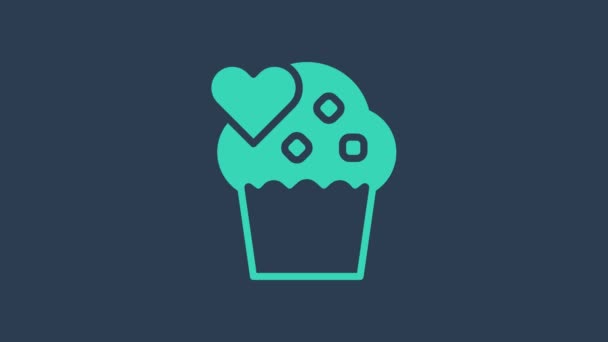 Turquoise Wedding cake with heart icon isolated on blue background. Happy Valentines day. 4K Video motion graphic animation — Wideo stockowe