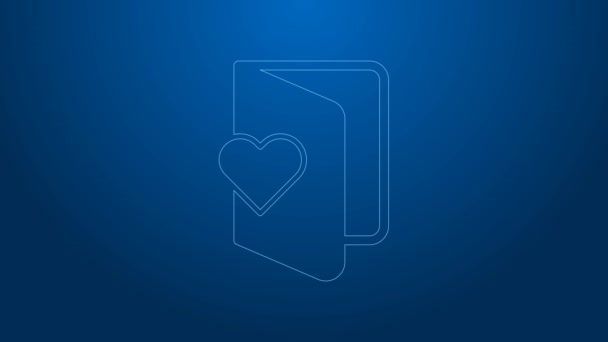 Mavi arka planda kalp ikonu olan beyaz çizgi Sevgililer Günü broşürü. Kutlama için davetiye ya da tebrik kartı şablonu. 4K Video hareketli grafik canlandırması — Stok video