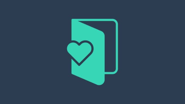 绿松石情人节传单与心脏图标隔离蓝色背景。用于邀请卡或贺卡的庆祝海报模板。4K视频运动图形动画 — 图库视频影像