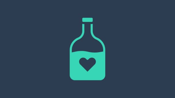 Turquoise Bottle with love potion icon isolated on blue background. Happy Valentines day. 4K Video motion graphic animation — Wideo stockowe