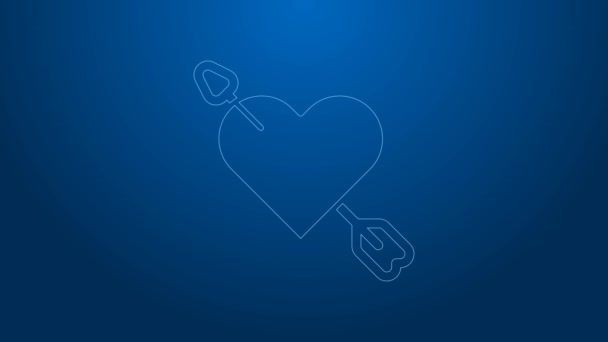 Λευκή γραμμή σύμβολο Amour με την καρδιά και το βέλος εικονίδιο απομονώνονται σε μπλε φόντο. Ερωτικό σημάδι. Ευτυχισμένη ημέρα του Αγίου Βαλεντίνου. 4K Γραφική κίνηση κίνησης βίντεο — Αρχείο Βίντεο