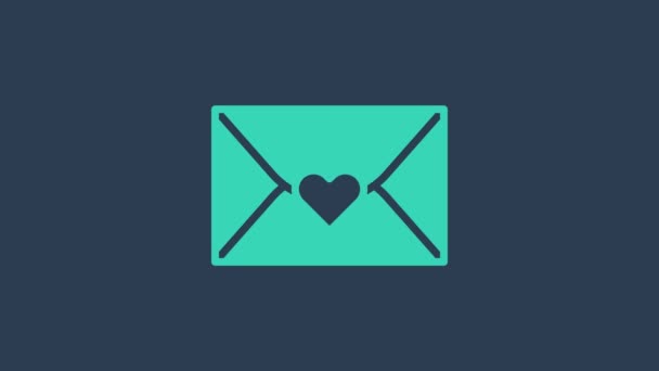 Tyrkysová obálka s ikonou Valentýna srdce izolované na modrém pozadí. Láska ke vzkazu. Dopis s láskou a romantikou. Šťastný Valentýn. Grafická animace pohybu videa 4K — Stock video