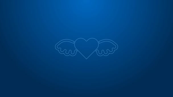 Línea blanca Corazón con alas icono aislado sobre fondo azul. Símbolo de amor. Feliz día de San Valentín. Animación gráfica de vídeo 4K — Vídeos de Stock