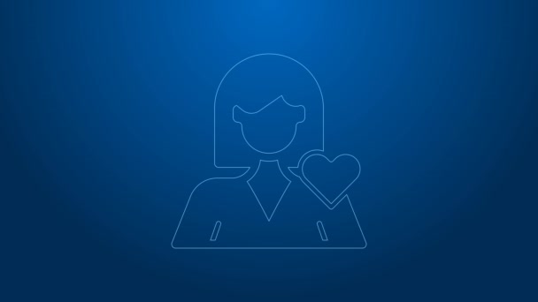 White line Romantic girl icon isolated on blue background. Happy Valentines day. 4K Video motion graphic animation — Stock Video