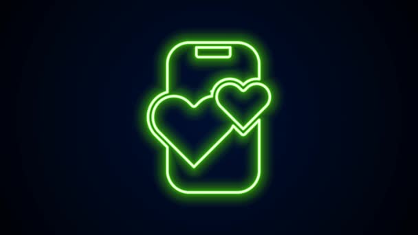 Gloeiende neon lijn Dating app online mobiele concept icoon geïsoleerd op zwarte achtergrond. Vrouw mannelijk profiel plat ontwerp. Een paar match voor een relatie. 4K Video motion grafische animatie — Stockvideo