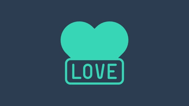 Turquoise Heart icon isolated on blue background. Romantic symbol linked, join, passion and wedding. Happy Valentines day. 4K Video motion graphic animation — стоковое видео