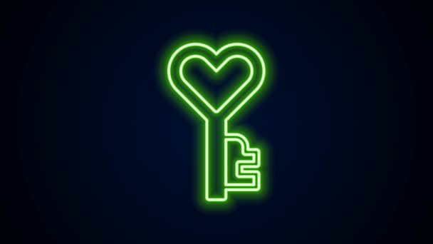 Glowing neon line Key in heart shape icon isolated on black background. Happy Valentines day. 4K Video motion graphic animation — ストック動画