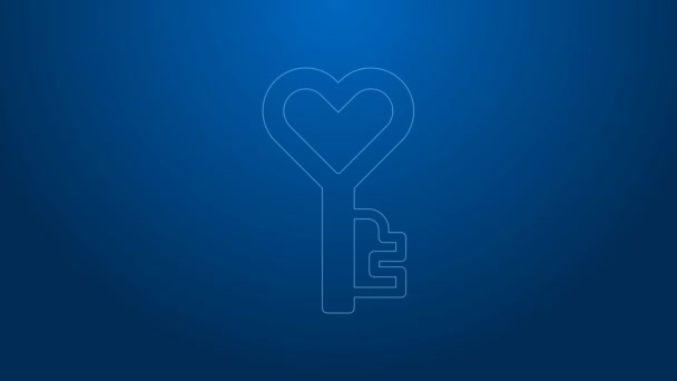 White line Key in heart shape icon isolated on blue background. Happy Valentines day. 4K Video motion graphic animation — стоковое видео