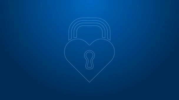 Λευκό κάστρο γραμμή στο σχήμα ενός εικονιδίου καρδιά απομονώνονται σε μπλε φόντο. Κλειδωμένη καρδιά. Σύμβολο αγάπης και σημάδι κλειδαρότρυπα. Ευτυχισμένη ημέρα του Αγίου Βαλεντίνου. 4K Γραφική κίνηση κίνησης βίντεο — Αρχείο Βίντεο