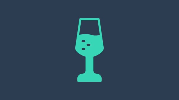 Turquoise Glass of champagne icon isolated on blue background. Happy Valentines day. 4K Video motion graphic animation — Wideo stockowe