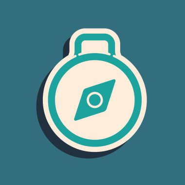 Yeşil Pusula simgesi yeşil arkaplanda izole edildi. Rüzgâr yön bulma sembolü. Rüzgar gül işareti. Uzun gölge tarzı. Vektör İllüstrasyonu