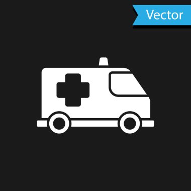 Siyah arka planda beyaz ambulans ve acil durum arabası ikonu var. Ambulans aracı tıbbi tahliye. Vektör.