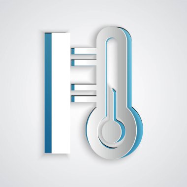 Kağıt kesiği Meteoroloji termometresi gri arkaplanda izole edilmiş ikon ölçümü. Termometre termometresi sıcak ya da soğuk hava gösteriyor. Kağıt sanatı tarzı. Vektör