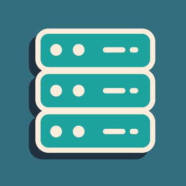 Yeşil Sunucu, Data, Web sunucu simgesi yeşil arkaplanda izole edildi. Uzun gölge tarzı. Vektör